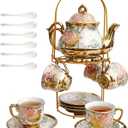 20 Pieces European Vintage Ceramic Tea Set with Metal Cup Holder, Adult Tea Set, Women's Afternoon Tea Set (Golden Rose, Medium)