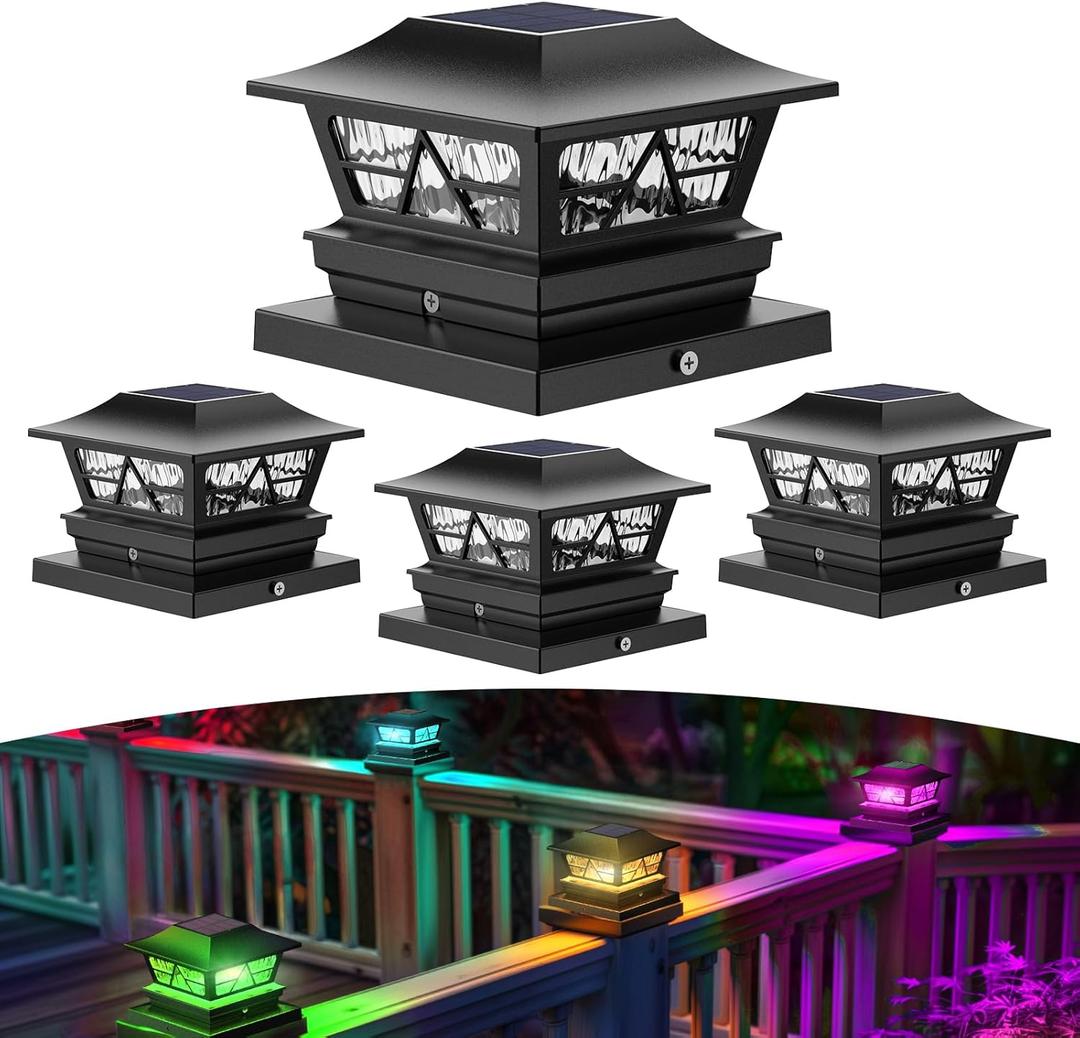 Viewsun Solar Post Lights Outdoor Waterproof RGB Color Changing Modes Fence Post Cap Lights, Deck Post Lights Solar Powered for 4x4 5x5 6x6 Wooden or Vinyl Yard Garden Patio Decor, Black(4 Pack)