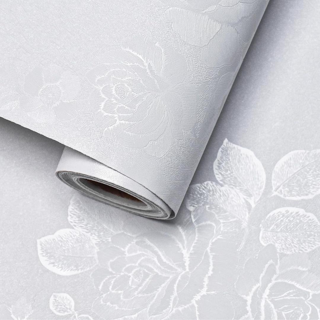 White Wallpaper Silk Embossed Floral Thicken Textured 393in 17.7in