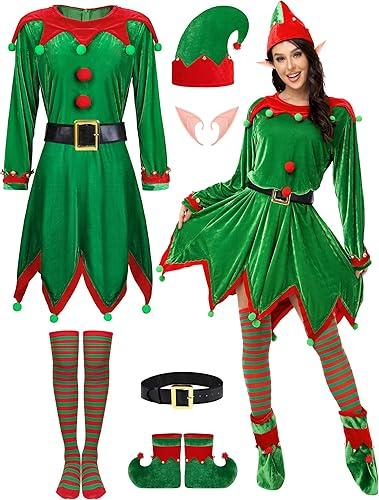 SOMSOC 6 Pack Women Christmas Elf Costume Set Velvet Dress Santa's Helper Costume Xmas Outfit Elf Hat Shoes Ears Belt Socks, Size XL