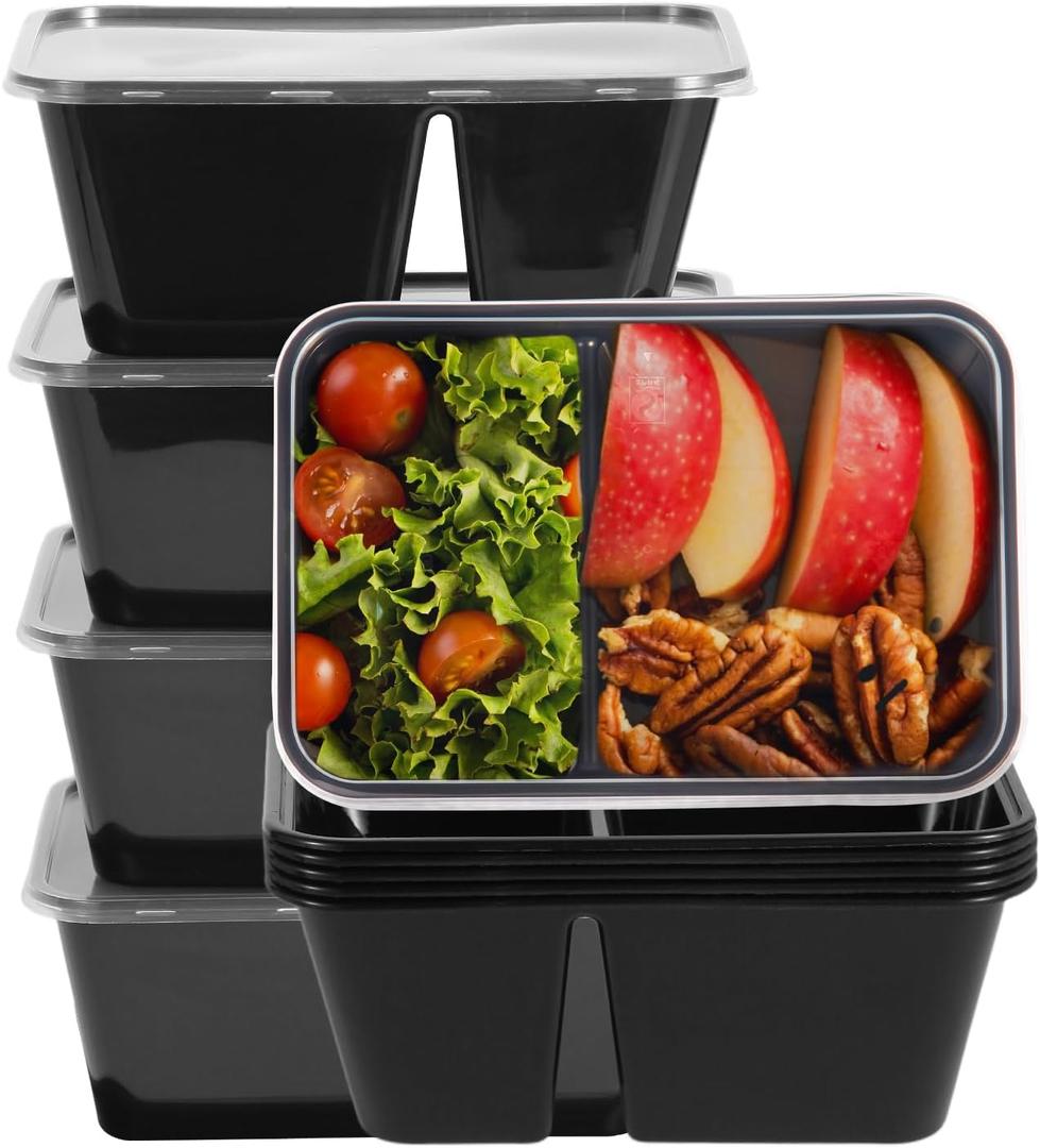 10Pack 32oz Meal Prep Containers Reusable with Lids, 2 Compartment with Portion Control Storage for Lunch or Takeaway, Plastic Disposable Bento Box To Go Take Out, Microwave Freezer Dishwasher Safe