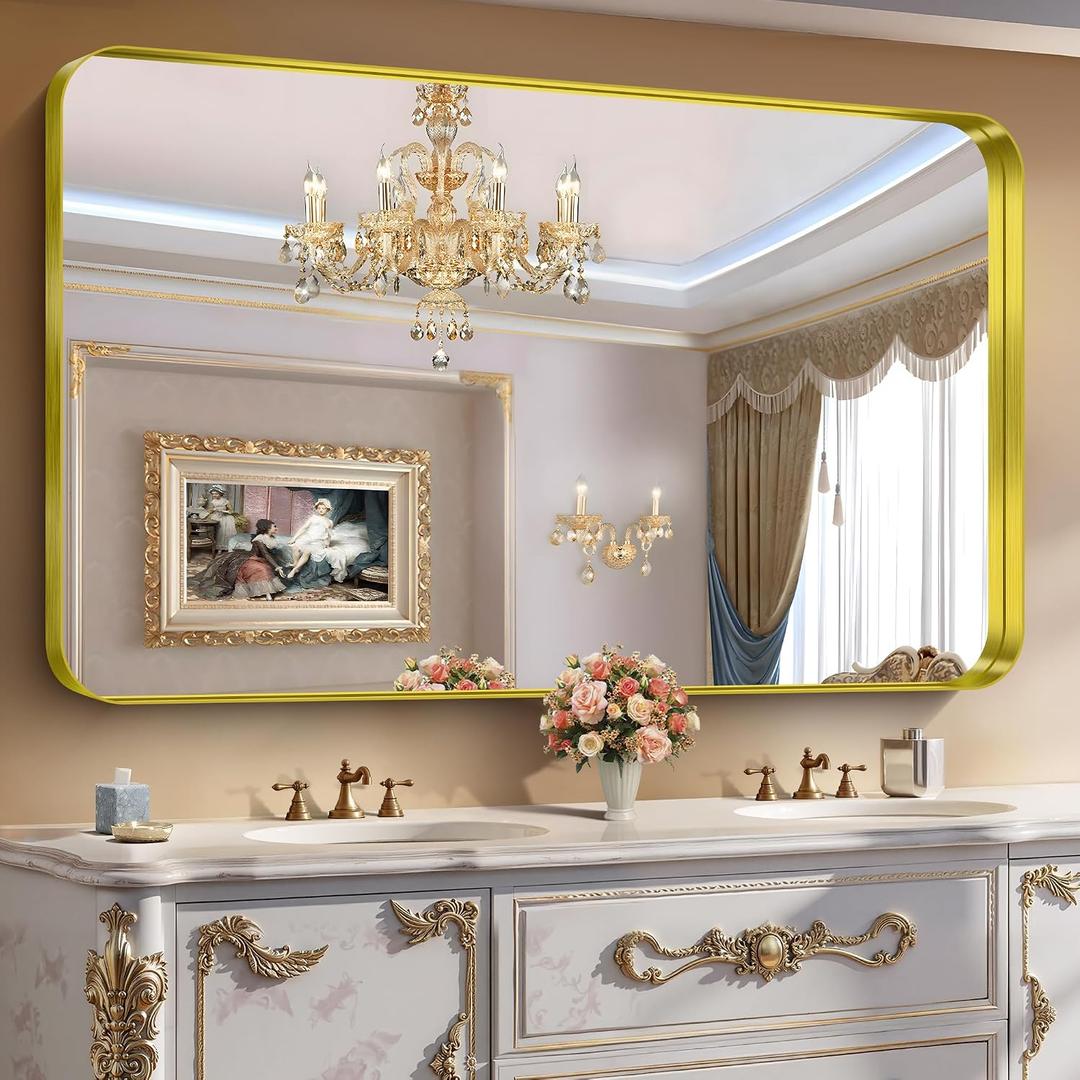 CIRCUMI Gold Bathroom Mirror, 36"x60" Rectangular Mirror with Deep Metal Frame, Rounded Corner, Tempered Glass, Large Mirror for Wall, Over 2 Sinks, Installed Vertically/Horizontally, Crystal-Clear