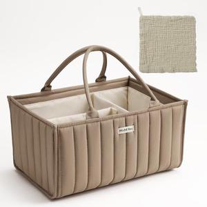 Blissful Diary Diaper Caddy Organizer, Gift for Baby Shower List, Newborn Essentials, Registry Must Have, Birthday - Stylish Basket With Burp Cloth - Mocha Brown