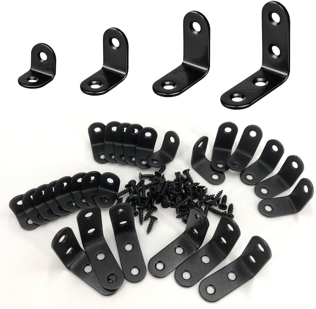 QSJ 26 PCS Corner Bracket Brace Set Stainless Steel 90-Degree Corner Braces 0.78/0.98/1.18/1.57with 64pcs Screws for Wood Furniture Cabinet Chair