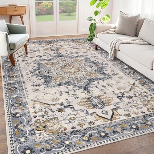 HEBE Washable Area Rug 6'x9', Non Slip Boho Rugs for Bedroom, Vintage Distressed Living Room Rug, Low Pile Indoor Floor Carpet Cover Throw Rug for Dining Room Kitchen Nursery