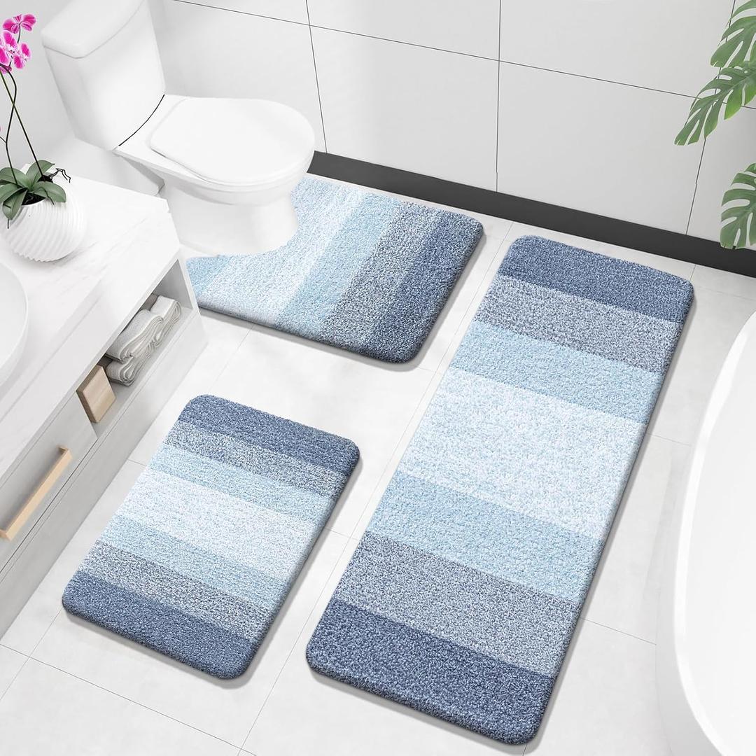 OLANLY Bathroom Rugs Sets 3 Piece, Soft Absorbent Microfiber Bath Mats and U-Shaped Contour Toilet Rug, Plush Shaggy Bath Mat Set for Bathroom (47"x20"+24"x16"+24"x20", Blue)