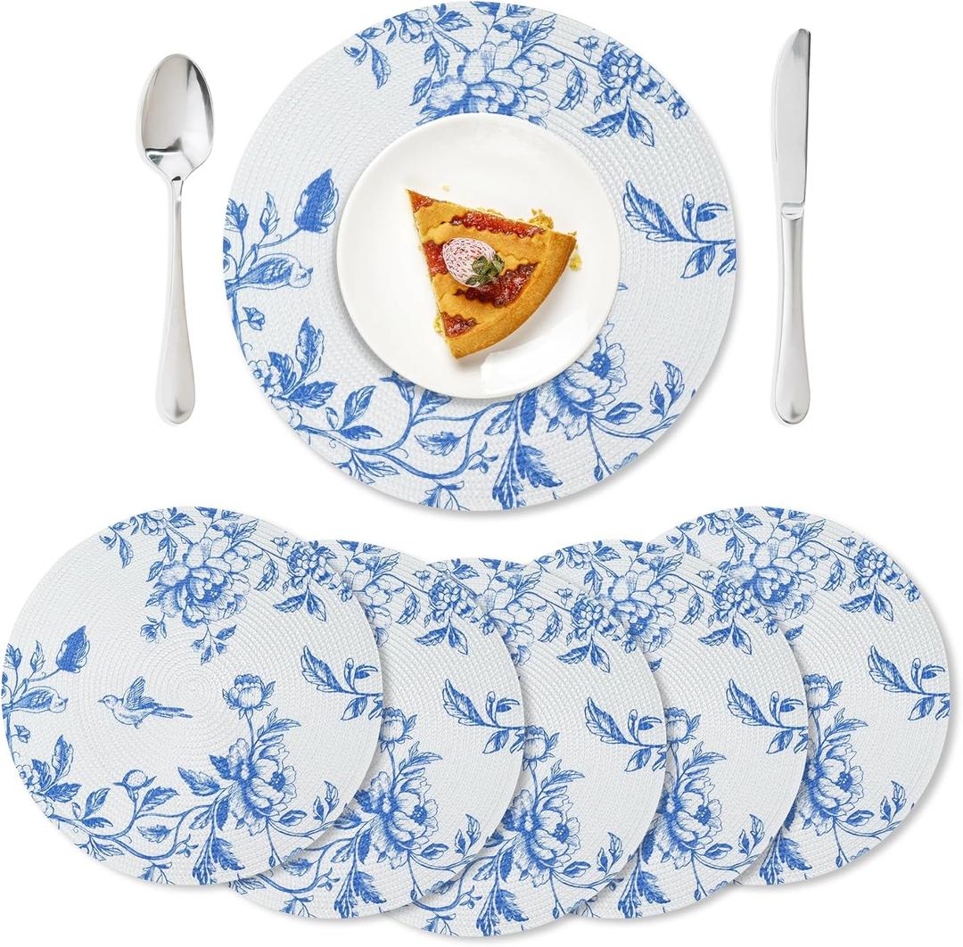 6 Sets Chinoiserie Blue Floral Round Woven Placemats 15 Inch Boho Blue and White Table Place Mats Non-Slip Heat Resistant Braided Placemats for Birthday Wedding Bridal Tea Party Decor