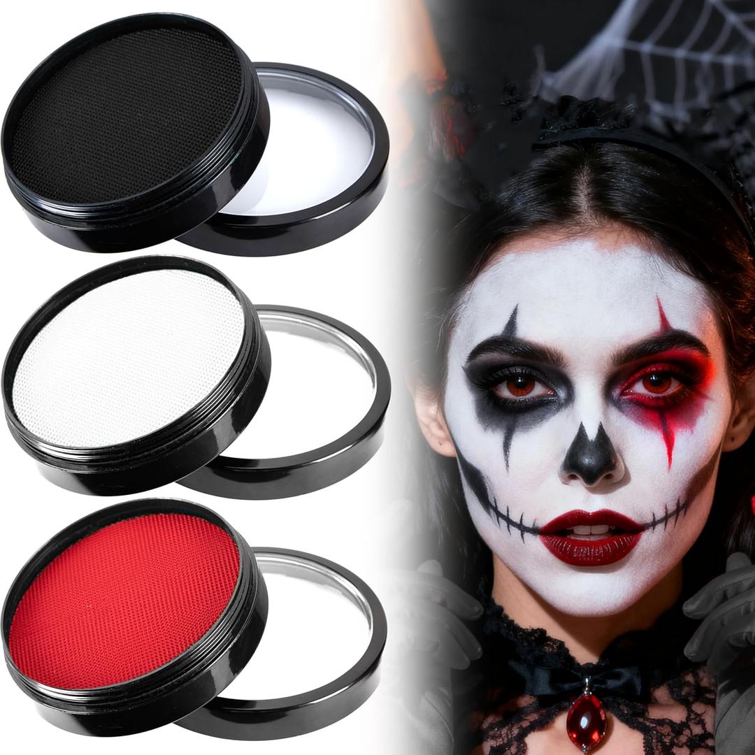 Spooktacular Creations 3PCS Halloween Makeup Face Body Paint Waterproof Foundation Cream Cake Tub, Halloween Party Cosplay Clown Sfx Costume Dress Up Makeup for Adult(1 Oz Each, White, Black, Red)
