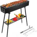 IRONWALLS Portable Charcoal Grills Outdoor Cooking, Rectangular Folded Barbecue Grill 32, Stainless Steel Lamb Skewer Grill with 25pcs Kebab Skewer & Storage Shelf for Camping, Picnic, Commercial Use