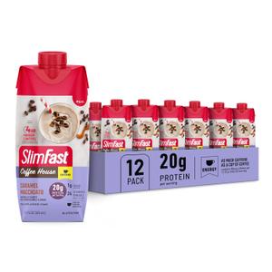 SlimFast Protein Shake with Caffeine, Caramel Macchiato- 20g Protein, Meal Replacement Shakes, High Protein with Low Carb and Low Sugar, 24 Vitamins and Minerals, 12 Count (Pack of 1) Best By 11/27/2026