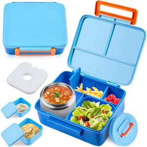 Bento Lunch Box for Kids with 8oz Soup Thermo Leak-Proof Lunch Food Containers with Snack Sauce Container for Kid Girls Boys to School, Blue