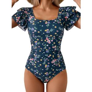 Eomenie Women's Tummy Control One Piece Swimsuit Ruffle Square Neck Bathing Suit Ruched Cutout Back Slimming Swimwear (Medium, Navy Blue Pink Floral)