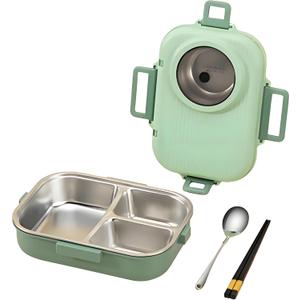 Bento Lunch Box, 304 Stainless Steel Portable Leakproof Lunch Food Containers Set with 3 Compartment for Adults - with Chopsticks Spoon Soup Bowl Gift for Friends, Family (Green)