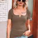 Valphsio Womens Puff Short Sleeve Top Square Neck Elegant Ribbed Knit T Shirt Summer Cute Slim Fit Tee Blouse (X-Small, Khaki)