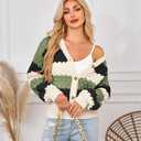 ECOWISH Women's Cropped Cardigan Sweaters 2025 Fall Striped Color Block Long Sleeve Button Up Knit Sweater Y2k Coats (Large, Army Green)