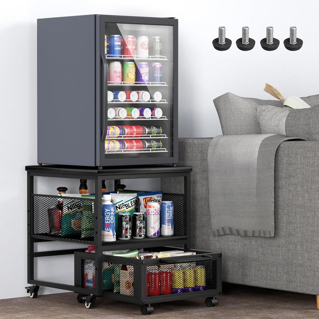 21x21in Mini Fridge Stand with Storage, Heavy Duty Mini Fridge Table with 4 Lockable Wheels for Coffee Bar 220LBS Compact Beverage Refrigerator Stand Cabinet Dorm Fridge Cart for Office Home (Black), 21x21x22 inches
