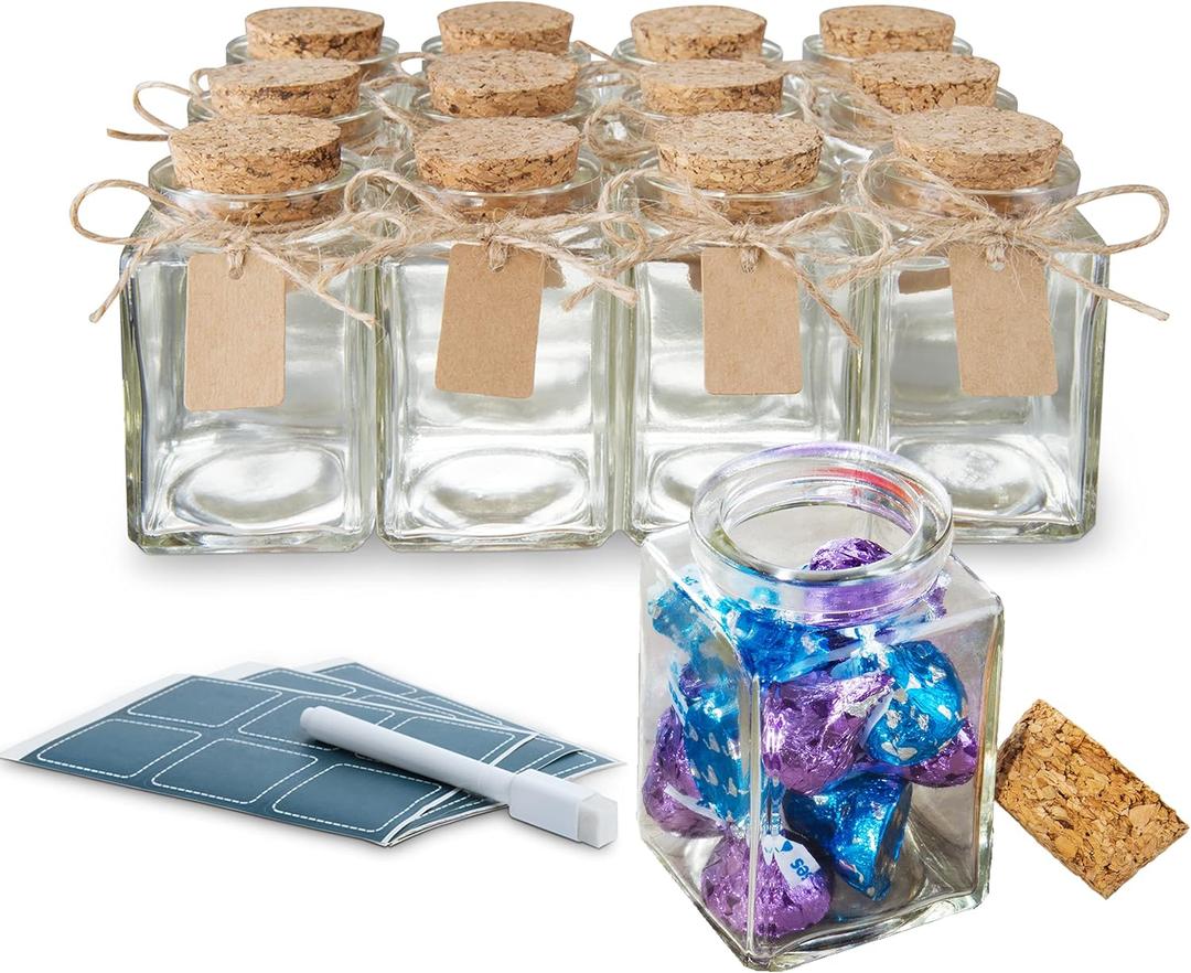 Square Glass Jars with Lids - Set of 12 Mini Glass Jars with Corks for Wedding & Party Favors, DIY Crafts, Potions, Spices & Candy, 3.4 oz