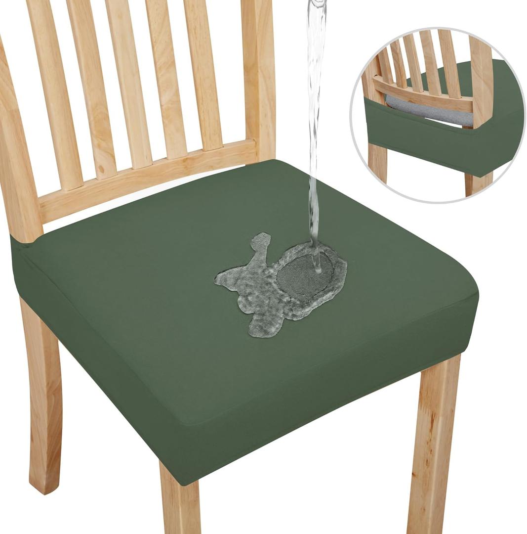 Easy-Going 100% Waterproof Seat Covers for Dining Room Chairs Set of 6, Stretch Chair Seat Slipcovers Protector Removable and Washable Kitchen Dining Chair Covers, Grayish Green