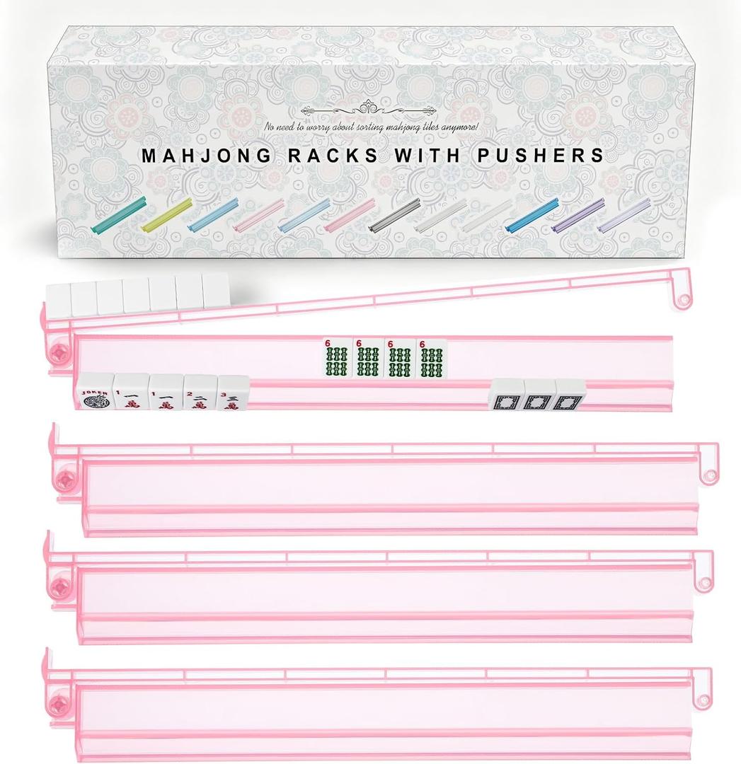 Mahjong Racks with Pushers 4PCS Set Majiang Tile Holder Acrylic Mahjong Racks Accessories and Gifts, Pink