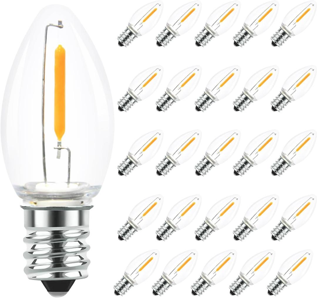 25 Pack LED C7 Light Bulbs - Clear Glass LED E12 LED Night Light Bulbs, 0.6W Equivalent to 7W, for Candles Chandeliers Replacement Bulbs & Christmas Tree Light Bulbs, E12 Base, Warm White 25 Pack LED C7 Light Bulbs - Clear Glass LED E12 LED Night Light Bulbs, 0.6W Equivalent to 7W, for Candles Chandeliers Replacement Bulbs & Christmas Tree Light Bulbs, E12 Base, Warm White
