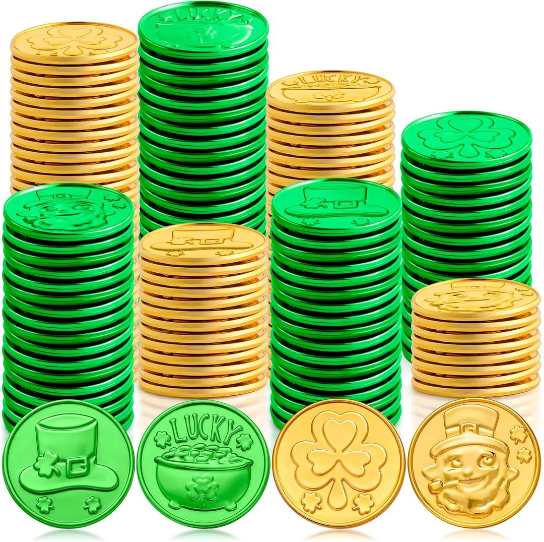 JOYIN 120 PCS St. Patricks Day Coins, Green and Gold Coins with Shamrock, Leprechaun, Cauldron and Hat Patterns for St Patrick Party Decorations, Accessories