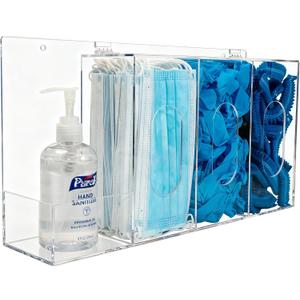 SEANADO Hand Sanitizer and Glove Holder Dispenser with Lid, Clear Acrylic 4 Compartments Hygiene Station for Disposable Face Mask, Shoe Cover, Hairnets - Wall Mount or Tabletop