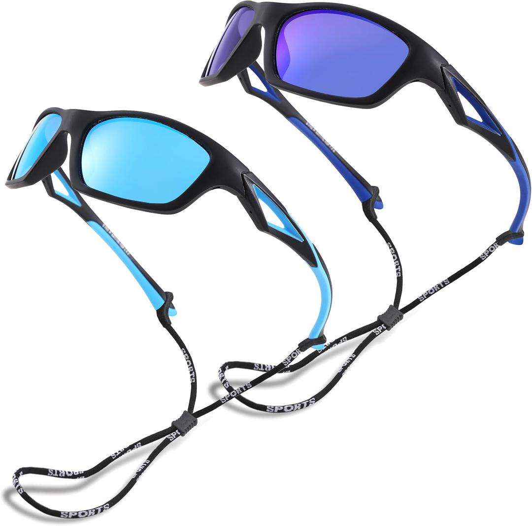 Pro Acme Kids Baseball Sports Polarized Sunglasses with Strap Unbreakable Flexible for Youth Boys Girls Age 4-12 (Pack of 2 (Dark Blue Frame/Dark Blue Mirrored Lens + Blue Frame/Blue Mirrored Lens))