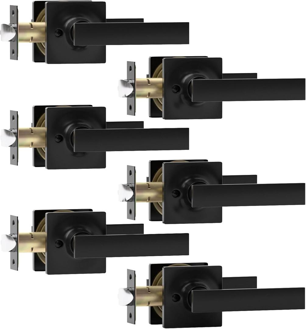 Passage Door Knob Black Door Knobs Interior Keyless Entry Door Lock with Handle Matte Black Door Handle Interior Door Lever Lock (6 Pack)