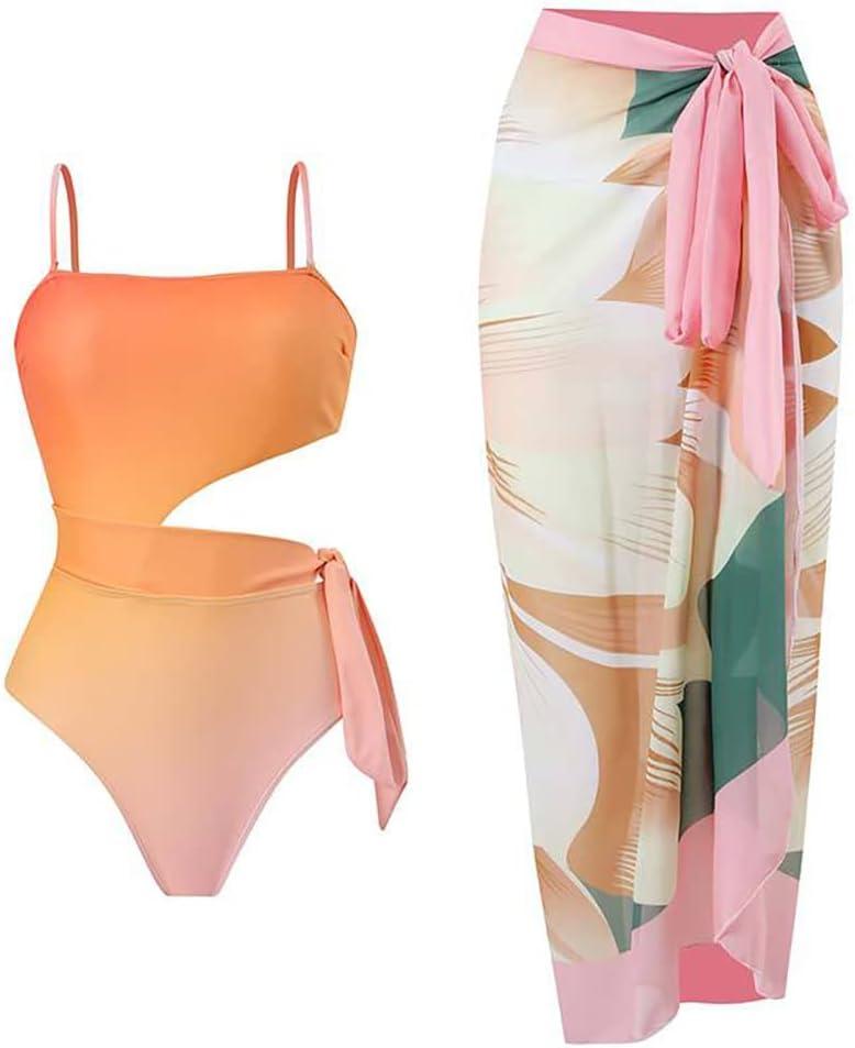 Women One Piece Swimsuit with Matching Cover Ups Floral Sexy Bikini Sets High Cut Push Up Two Pieces Bathing Suit (Small, Orange-pink)