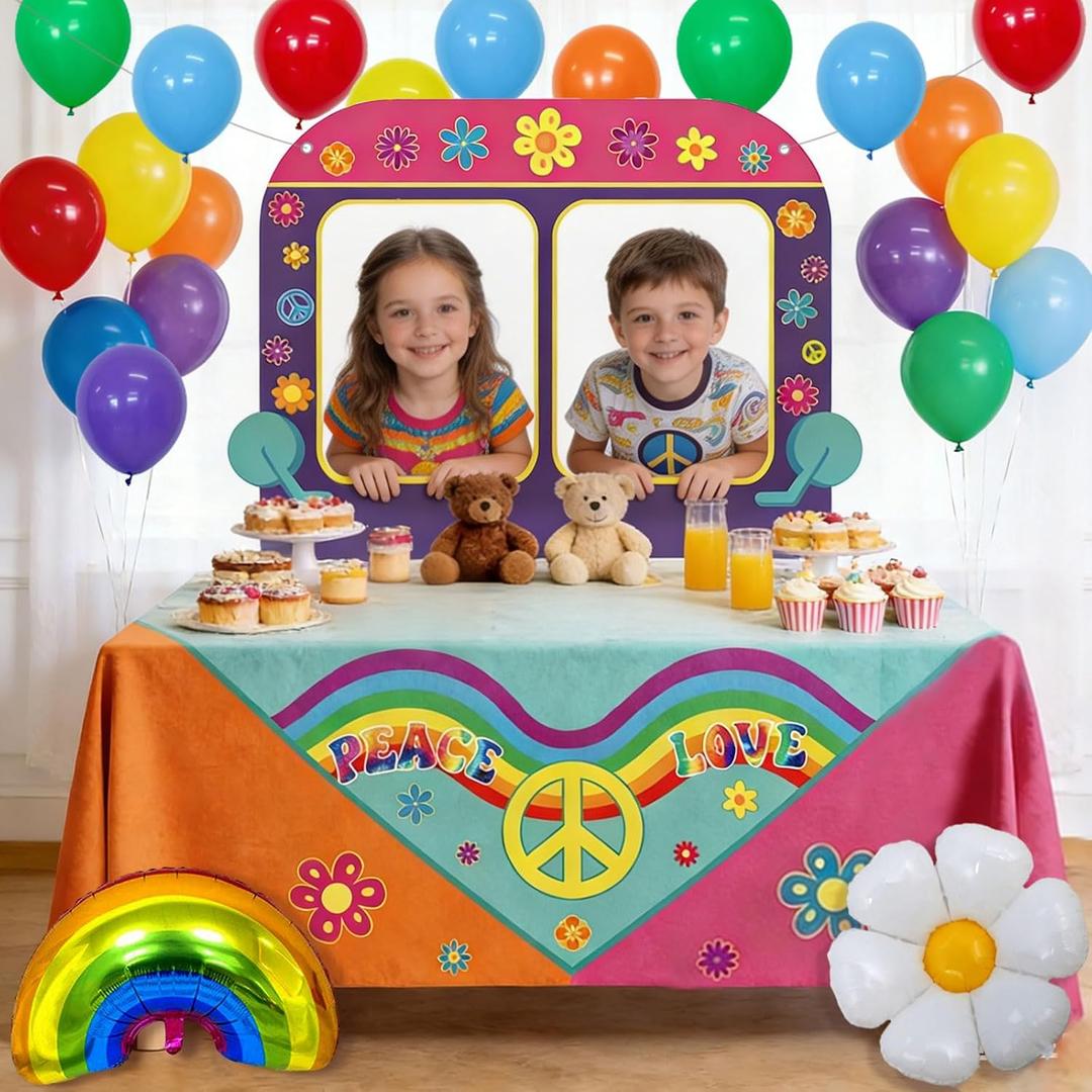 38 PCS Hippie Birthday Party Decorations, Hippie Groovy Bus Photo Booth Prop, Daisy Balloon and Tablecloth for 70s Theme Party Decorations (108 x 54 Inches)