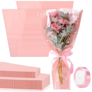 Fullhawl 100 Pcs Flower Bouquet Wrapping Bags 9.8 X17.9 Inch and 14.2 x 22 Inch Kraft Paper Flower Sleeves Supplies Floral Bags with Ribbons for Bouquet Wedding Birthday (Pink)