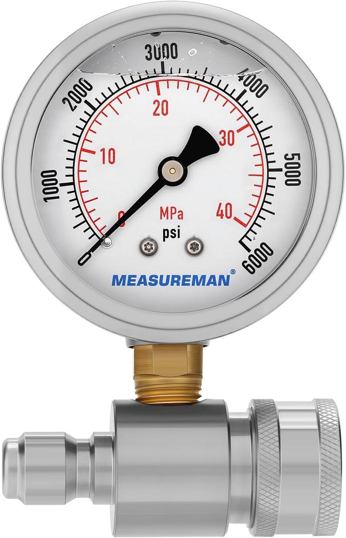 Measureman Pressure Washer Gauge Kit, 2-1/2 Inch, 6000 PSI, 3/8 Inch Stainless Steel Quick Connect, Liquid Filled Design