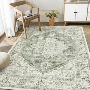 LIVEBOX Washable Area Rug 4x6 Vintage Tribal Bedroom Rugs Vintage Low-Pile Indoor Rug for Living Room, Non-Slip Retro Carpet Print Distressed Accent Carpet for Kitchen Entryway Office Camper, Sage