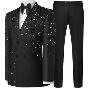 Men's 2 Piece Double Breasted Suits Slim Fit Tuxedo Jacket and Dress Pants Set for Wedding Business Prom Suits (Large, Black)