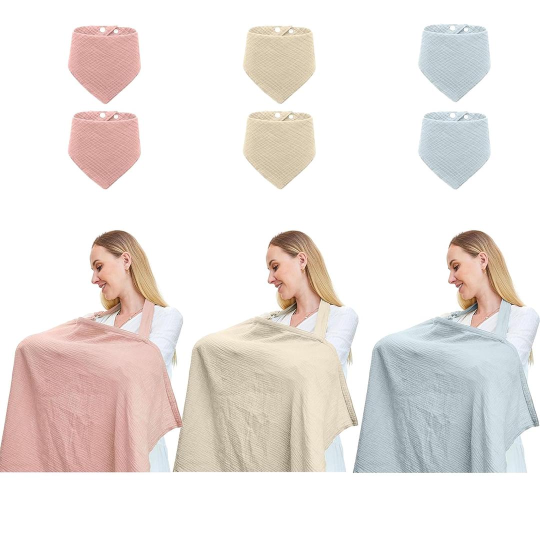 Baby Nursing Covers, Breathable 100% Cotton Nursing Cover with Arched Neckline,Nursing Apron. (Light Pink/Milky White/Light Blue)