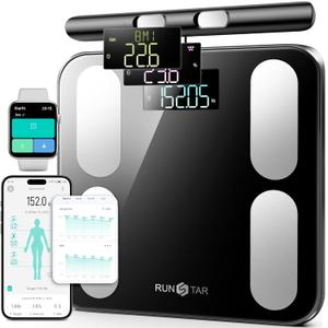 Runstar Scale for Body Weight and Fat, BMI Muscle Mass to 28 Measurements, FSA or HSA Eligible Digital Bathroom Scales 8-Electrode with Voice Prompt High Accurate Bluetooth Weight Scale (12"/300mm, Black)