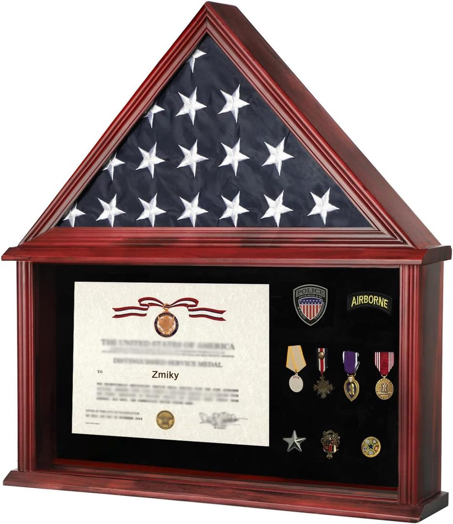Large Burial Flag Display Case American Flag Solid Wood Display Case Fits a 5 X 9.5 Flag Folded Military Shadow Box Flag Display Case with Certificate Holder Mahogany Finish