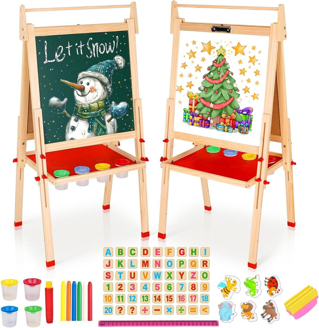 Easel for Kids, Art Easel for Kids Ages 4-8 Height Adjustable Wooden Painting Easel,Whiteboard Chalkboard with Paper Roll Holder,Letters and Numbers Magnets and Other Accessories