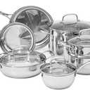 Amazon Basics Stainless Steel Cookware 11-Piece Set, Oven Safe, Induction-Ready, Even Heating, Non Toxic, Stay-Cool Handles, Pots and Pans, All Stovetops, Glass Lids, Silver