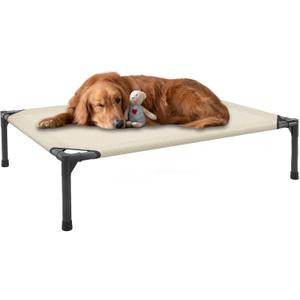 FIOCCO Elevated Dog Bed - Dog Cot with Chew Proof Mesh for Medium Dogs, Waterproof Washable Raised Pet Bed, Portable Pet Bed for Outdoor Use, Dogs Cot Beds, Beige