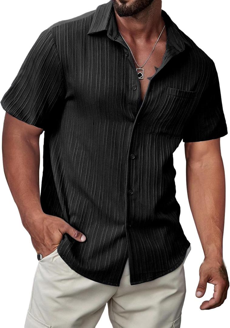 JMIERR Hawaiian Shirt for Men Button Down Short Sleeve Shirts Textured Casual Summer Beach Linen Shirts (Large, 02 Black)