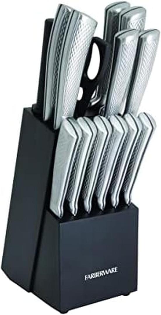 Farberware Textured Grip Stainless Steel Knife Set, 15 Piece, Stainless Steel (Black)