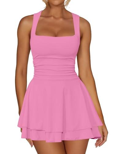 Kaximil Women's Square Neck Ruffle Hem Mini Dress Ruched Waist Short Party Dresses, Medium, Pink Large