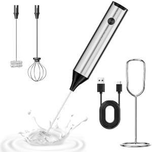 Kitchen Milk Frother Handheld with Stand, 3 Speeds Adjustable Mixer Electric Handheld Frother Wand, Hand Mixer Matcha Whisk Coffee Stirrers for Matcha, Hot Chocolate, Egg - Stainless Steel