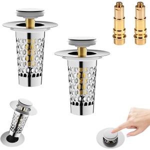 Bathroom Sink Drain Strainer Stopper - Universal Stainless Steel Strainer with Pop-Up Design Basket Hair Catcher for Sink Stopper Replacement (2PCS)