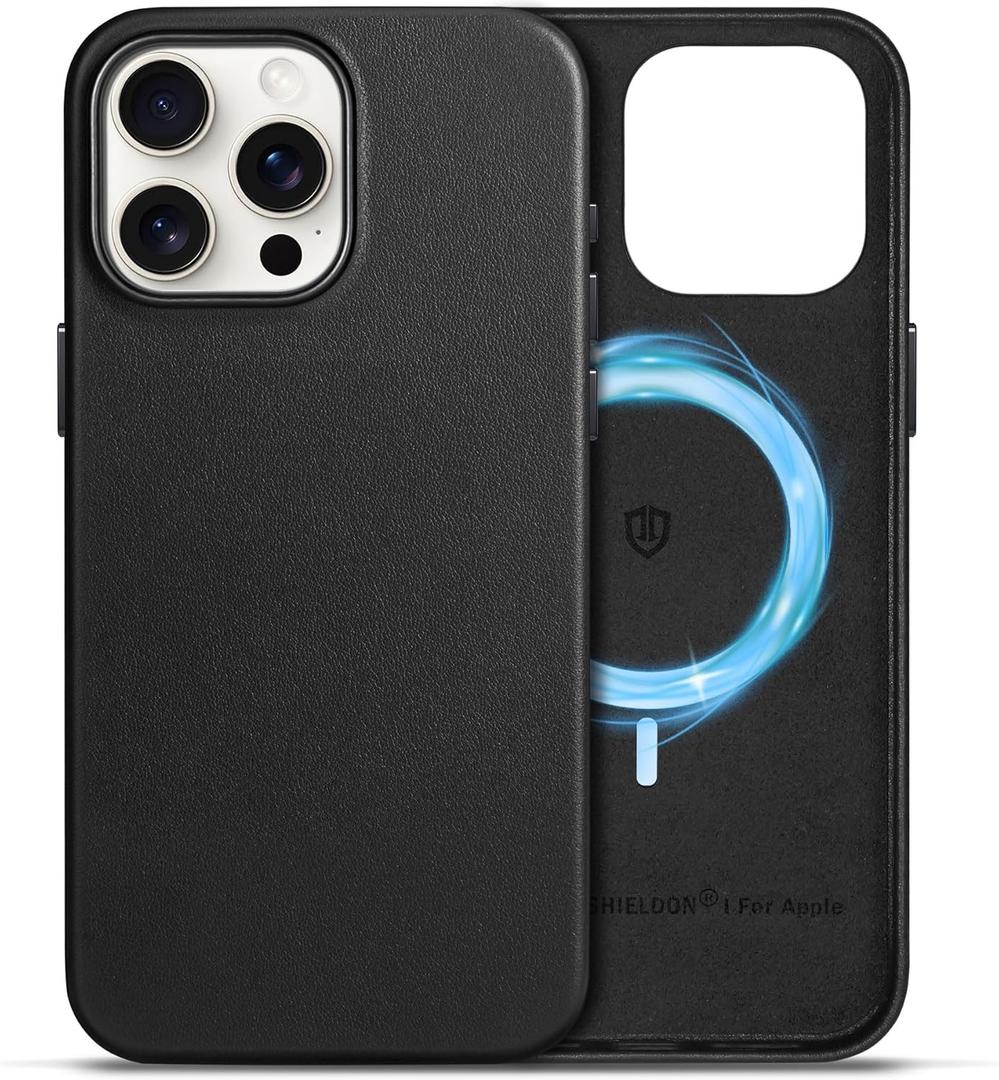 SHIELDON Case for iPhone 15 Pro Max 6.7", Genuine Leather Magnetic Wireless Charging Slim Fit Non-Slip Anti-Scratch Shock-Absorbent Case with Metal Buttons Compatible with iPhone 15 Pro Max 5G - Black