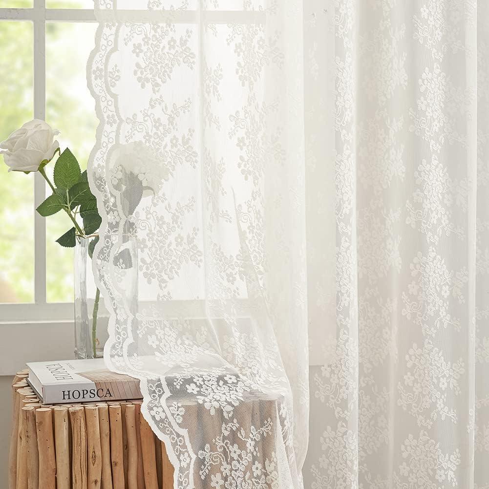 YJ YANJUN Vintage Lace Curtains 45 Inch Length- Victorian Country Floral Short Voile Sheer Kitchen Cafe Curtains Old House Privacy Bathroom Window Drapes 52W x 45L inch Ivory