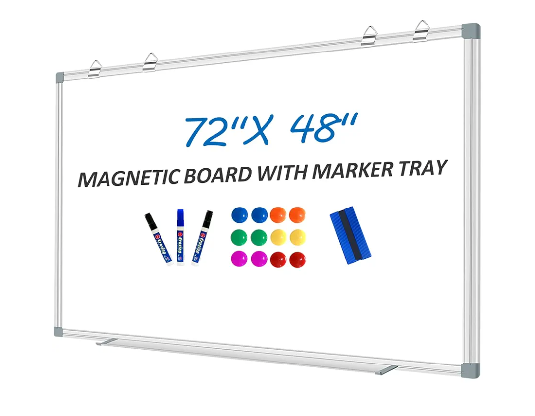 White Board Dry Erase Whiteboard for Wall 72" x 48" Aluminum Presentation Magnetic Whiteboards with 4 Hooks, 12 Magnets, 3 Markers & 1 Eraser
