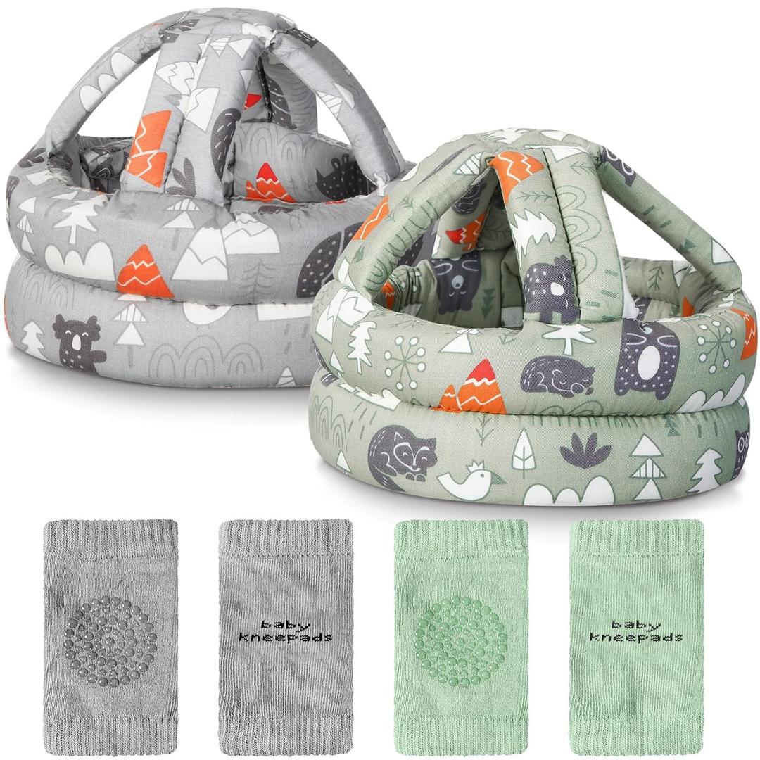 Geyoga 2 Pack Baby Head Protector with 2 Pair Toddler Knee Pads Baby Helmet for Crawling Walking Adjustable Soft Safety Headguard Toddler Protective Cap 6-12 Months 1-2 Years Old(Forest)