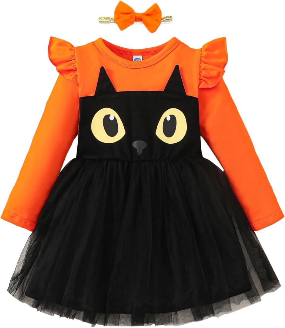 Noubeau Toddler Baby Girl Halloween Outfits Long Sleeve Ruffle Fall Winter Dress Layers Tulle Skirt Set Halloween Dresses (Black)